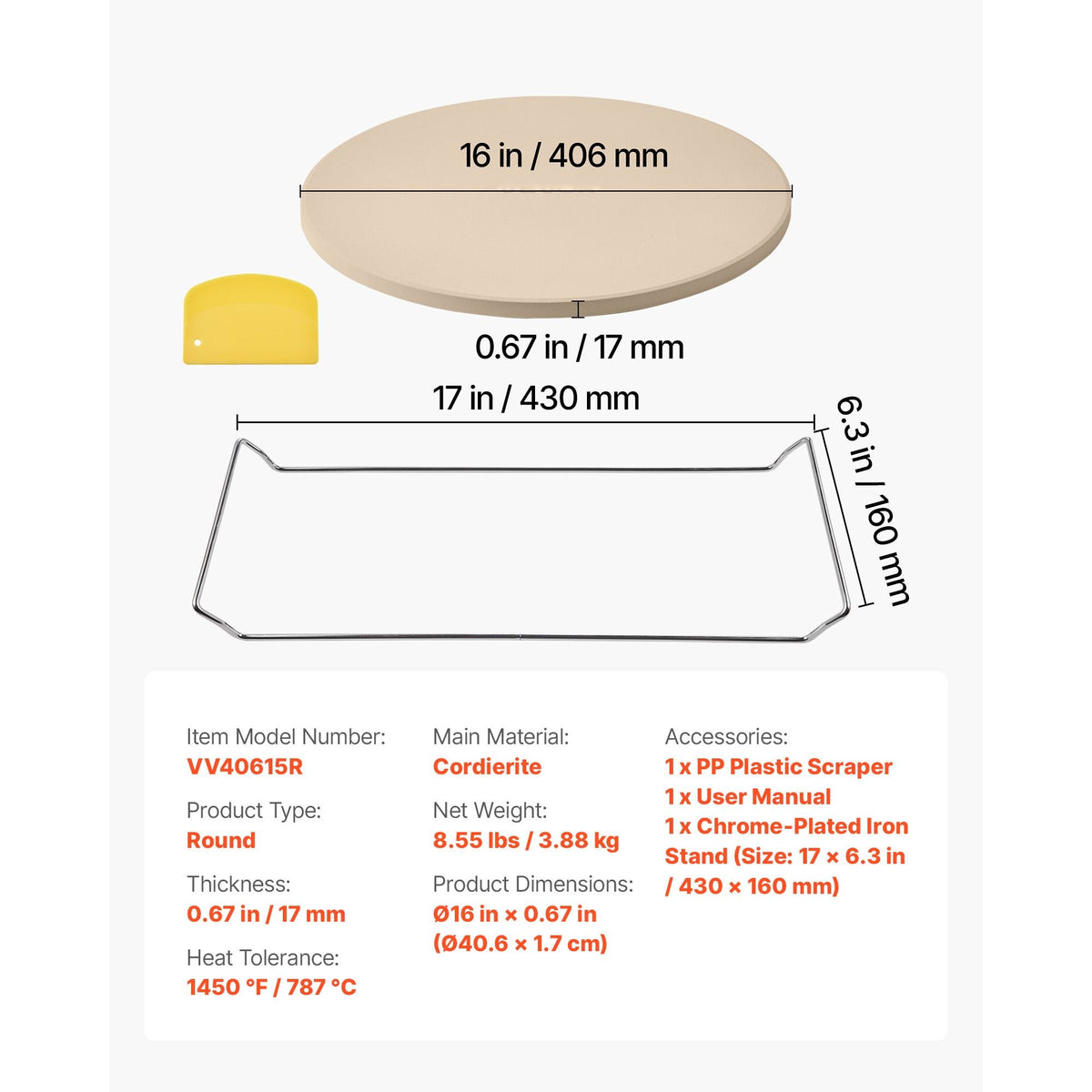 Pizza Stone, 16 in Round Pizza Stone, 0.67" Thick Extra Large Baking-Stone with Rack Stand, 1450 Fahrenheit Heat-Resistant Cooking Stones, for Kitchen Oven, Baking Pizzas, BBQ Grill