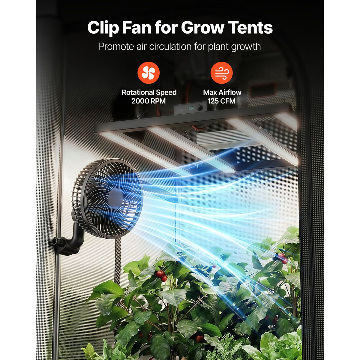 Plant Fan, Grow Tent Clip On Fan Rechargeable, USB Port with 9 Speeds & Circulation Mode, Smart Control, Powerful Oscillating, Long Runtime for Hydroponics Circulation Cooling, Black, 2 Pack
