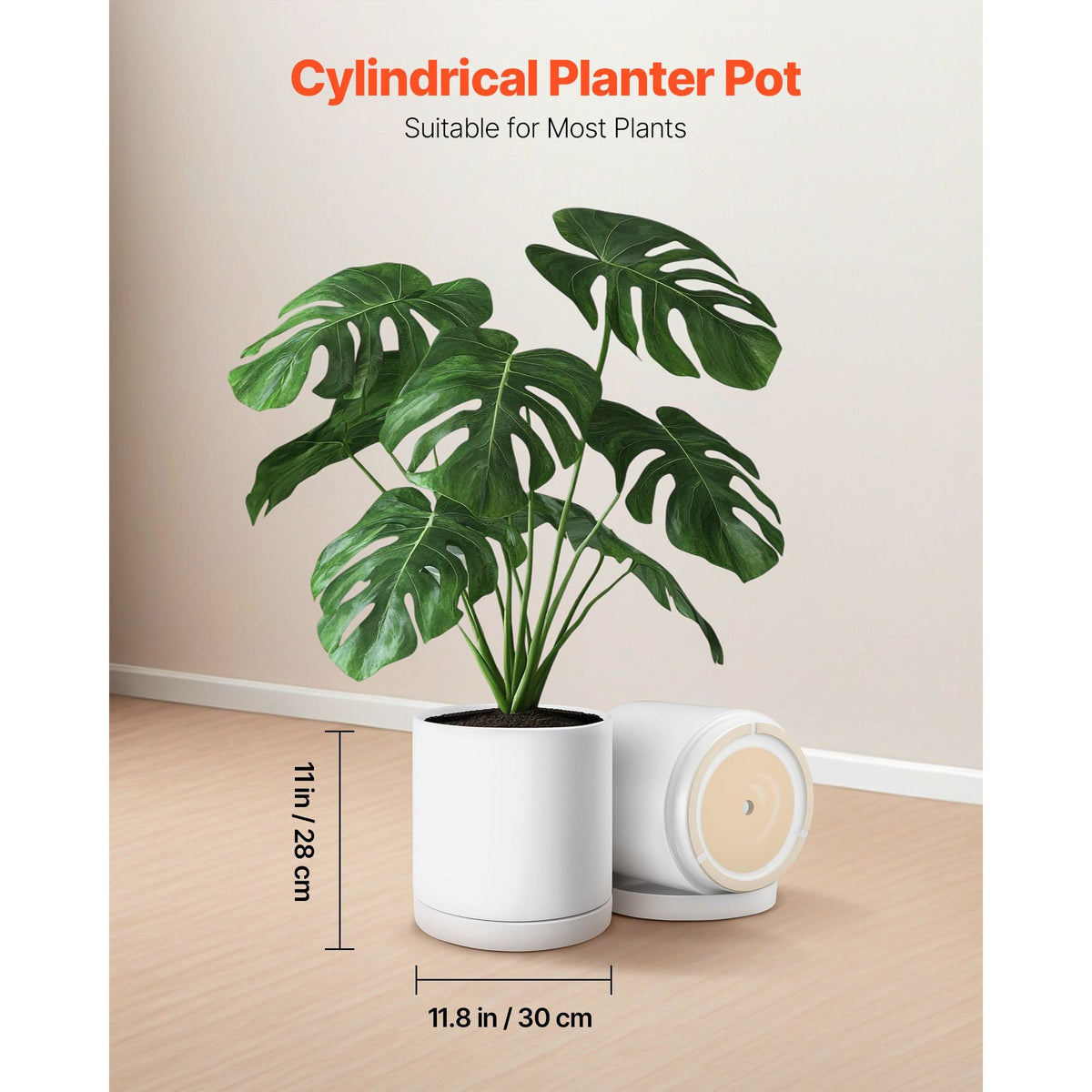 Plant Pot, 12-Inch Large Cylinder Planter with Drainage Holes, Non-Slip Pads & Detachable Saucer, Modern Ceramic Flower Pots, Indoor and Outdoor Tree Planter Pot, Home & Office Decorations