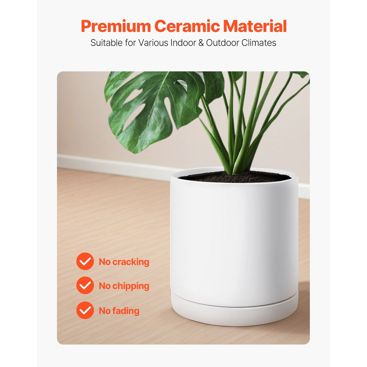 Plant Pot, 12-Inch Large Cylinder Planter with Drainage Holes, Non-Slip Pads & Detachable Saucer, Modern Ceramic Flower Pots, Indoor and Outdoor Tree Planter Pot, Home & Office Decorations