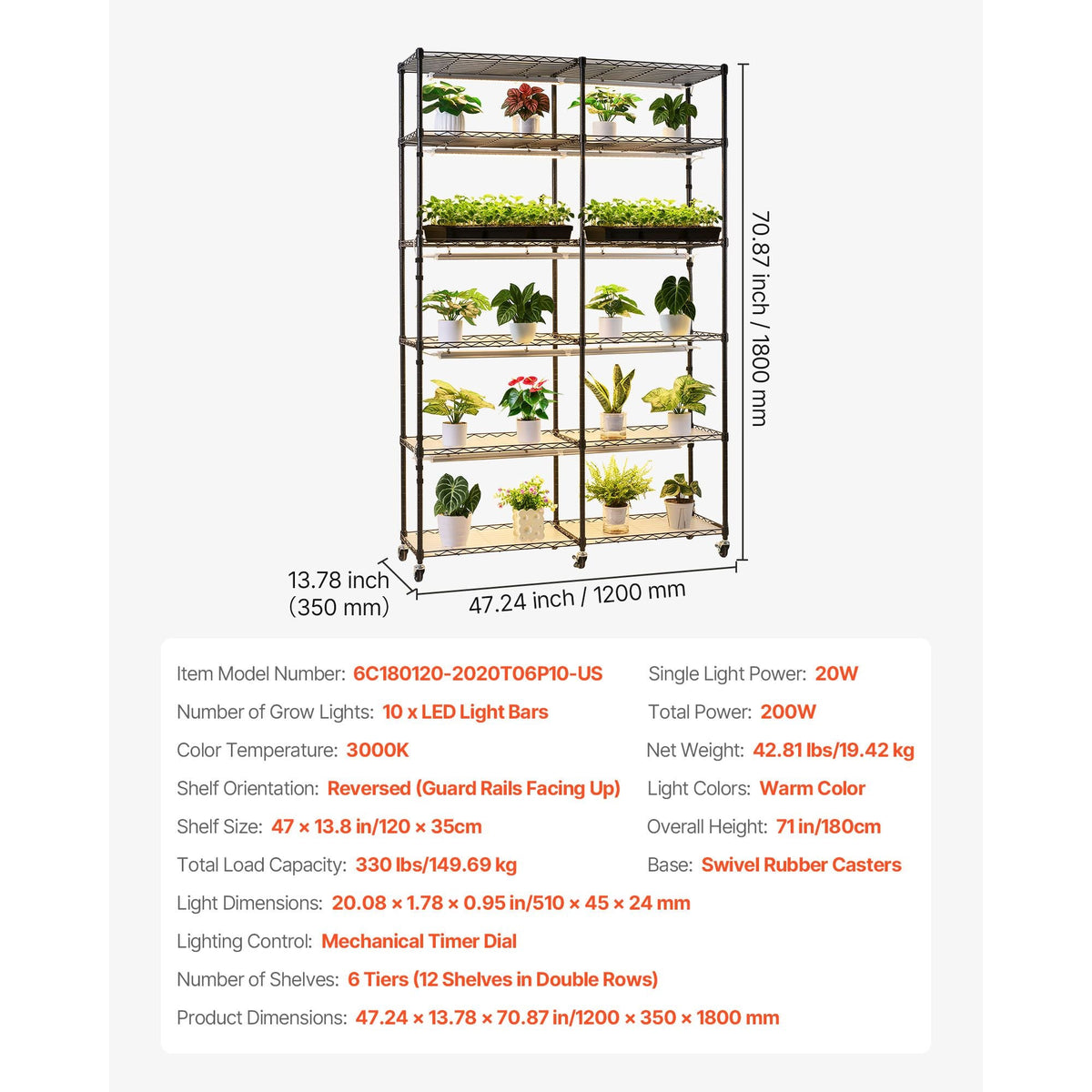 Plant Shelf with Grow Light, 6-Tier Double-Row Plant Stand, 71in Tall Indoor Plants Display Rack with Wheels & Timer, 200W Full Spectrum Grow Lights, Metal Flower Pot Holder for Seed Starting