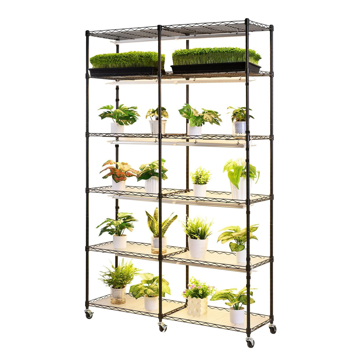 Plant Shelf with Grow Light, 6-Tier Double-Row Plant Stand, 71in Tall Indoor Plants Display Rack with Wheels & Timer, 200W Full Spectrum Grow Lights, Metal Flower Pot Holder for Seed Starting