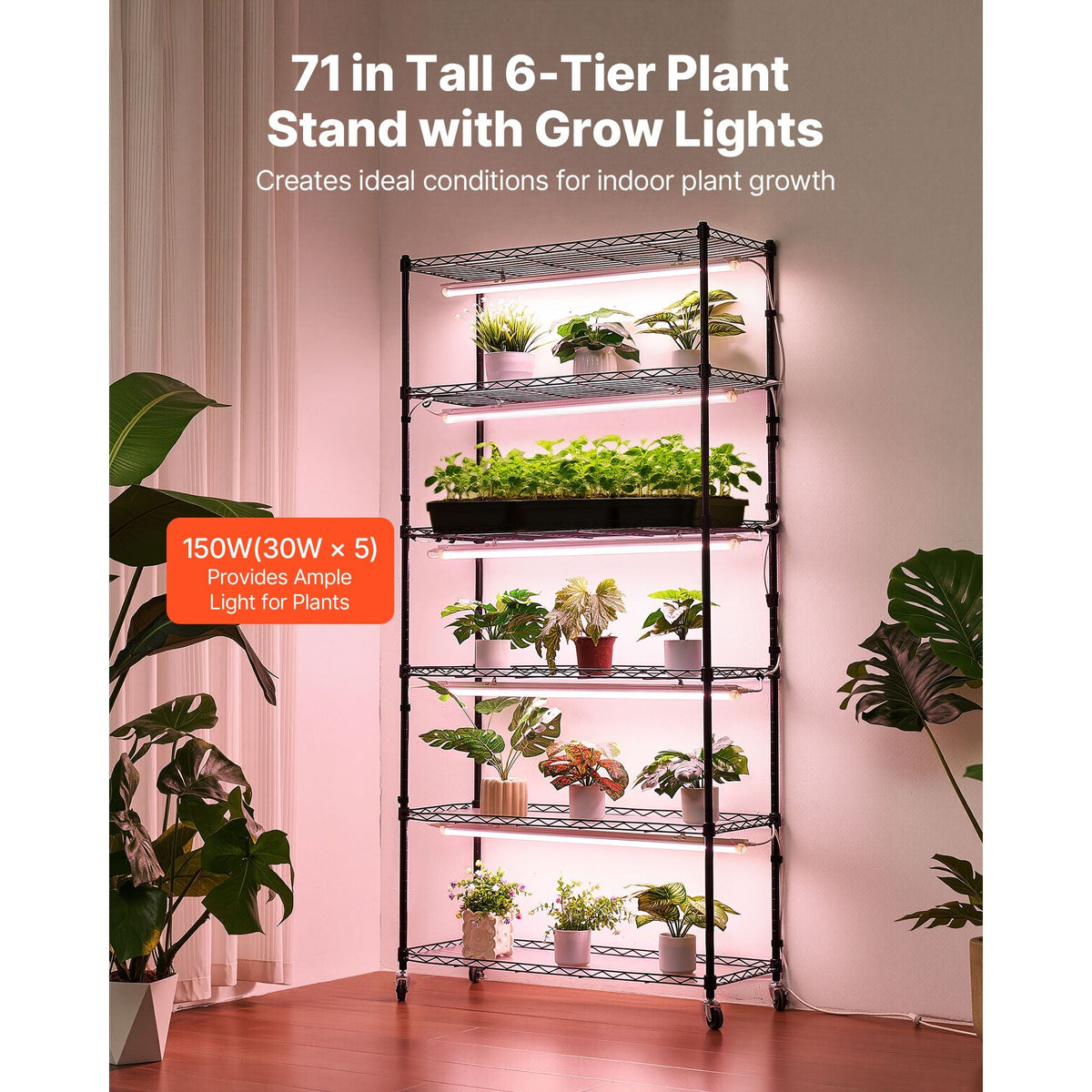 Plant Shelf with Grow Light, 6-Tier Indoor Plant Stand, 71in Tall Indoor Plants Display Rack with Wheels & Timer, 150W 3800K Full Spectrum Grow Lights, Metal Flower Pot Holder for Seed Starting