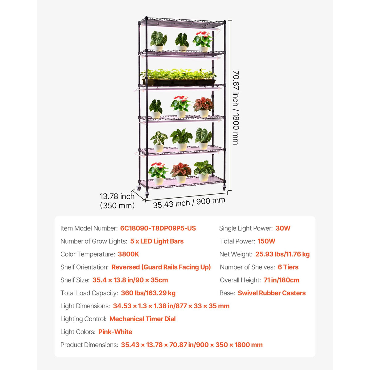 Plant Shelf with Grow Light, 6-Tier Indoor Plant Stand, 71in Tall Indoor Plants Display Rack with Wheels & Timer, 150W 3800K Full Spectrum Grow Lights, Metal Flower Pot Holder for Seed Starting