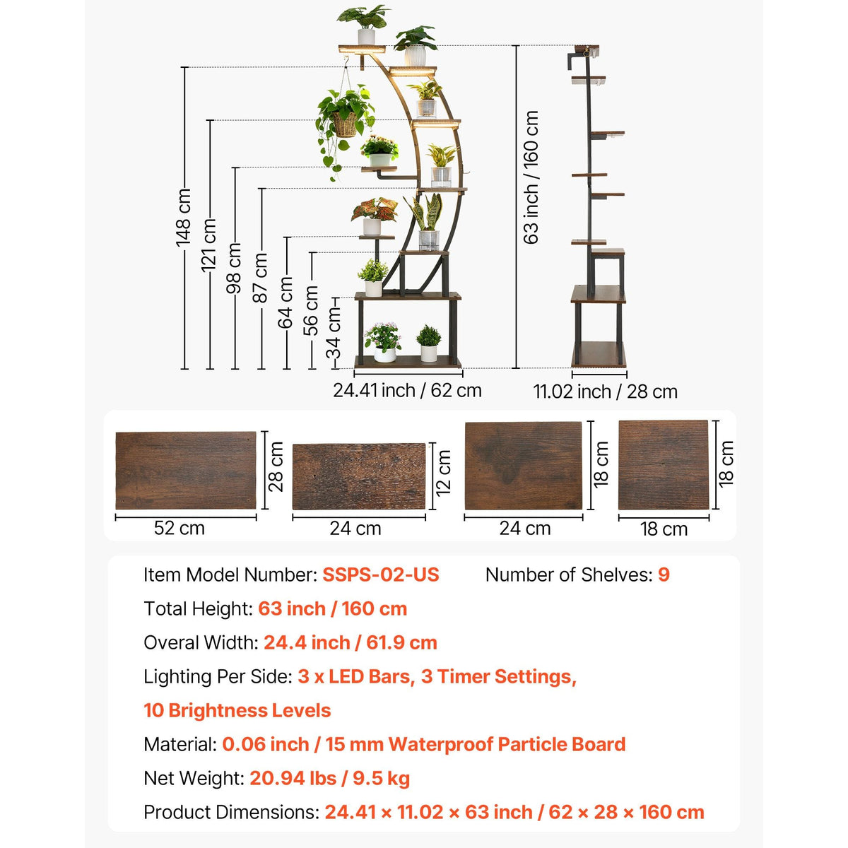 Plant Stand Indoor with Grow Lights, 63 in Tall 9-Tier Lighted Plant Shelf, Metal Corner Plants Holder, 3 Timer & 10 Brightness, Curve-Shaped Flower Display Rack for Living Room Balcony Decor
