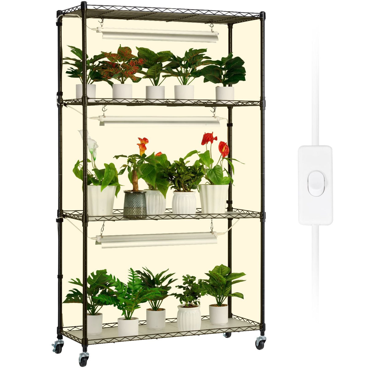 Plant Stand with Grow Light, 4 Tier Plant Shelf with 90W Grow Light for Indoor Plants, Grow Light Shelf Full Spectrum Lights Adjustable Metal Plant Stand for Seed Starting