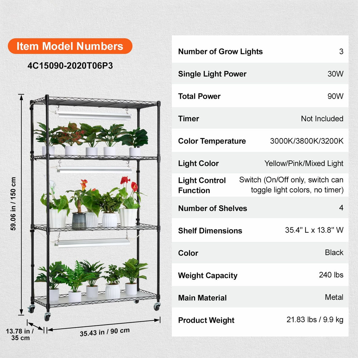 Plant Stand with Grow Light, 4 Tier Plant Shelf with 90W Grow Light for Indoor Plants, Grow Light Shelf Full Spectrum Lights Adjustable Metal Plant Stand for Seed Starting