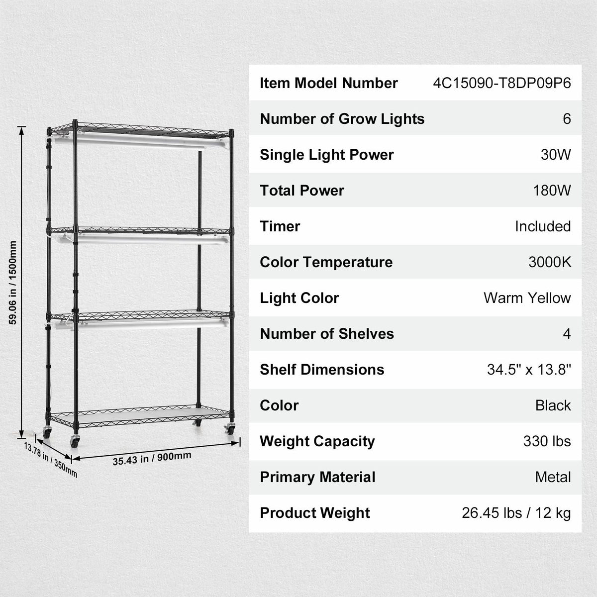 Plant Stand with Grow Light, 4 Tiers Plant Shelf with 3000K 180W LED Full Spectrum Light for Indoor Plants, Grow Light Shelf with Timer for Seed Starting 35.4" L x 13.8" W x 59.1" H