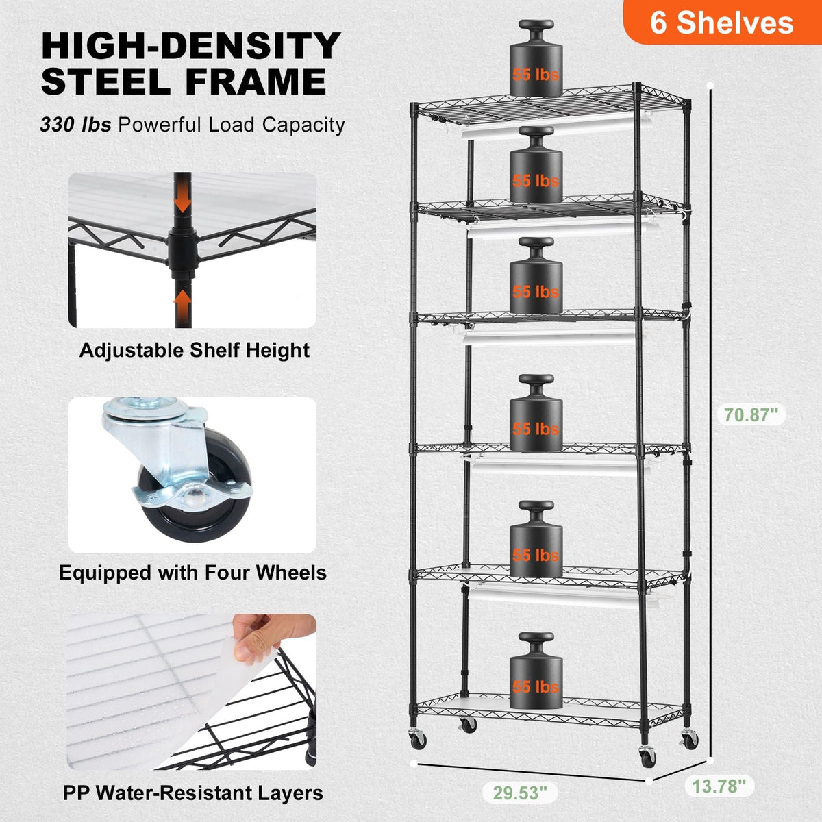 Plant Stand with Grow Light, 6-Tier Large Tall Plant Shelf with 150W Full Spectrum Grow Light, 3 Mode LED Plant Light with Timer and Wheel for Seed Starting 29.5" L x 13.8" W x 70.9" H