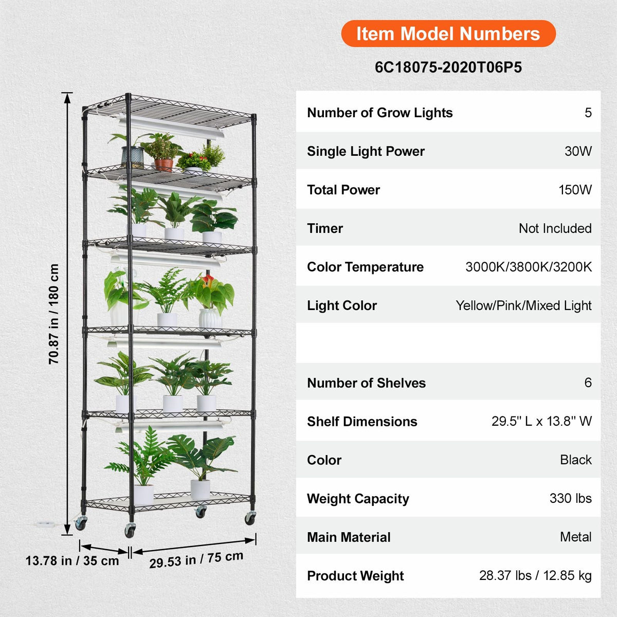 Plant Stand with Grow Light, 6-Tier Large Tall Plant Shelf with 150W Full Spectrum Grow Light, 3 Mode LED Plant Light with Timer and Wheel for Seed Starting 29.5" L x 13.8" W x 70.9" H