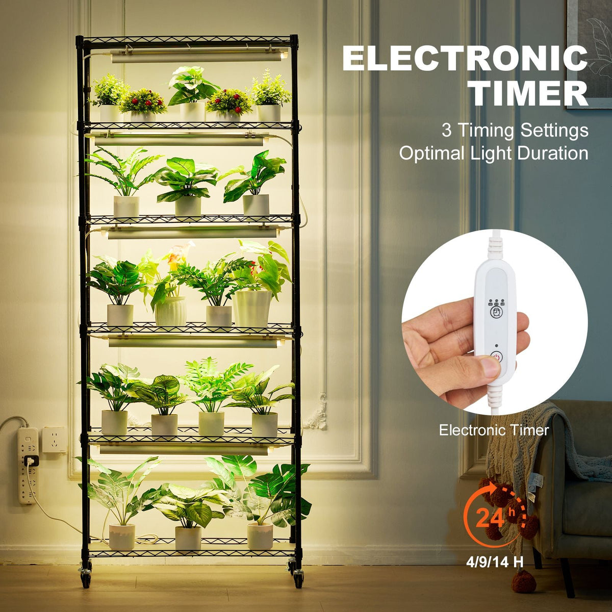 Plant Stand with Grow Light, 6-Tier Large Tall Plant Shelf with 150W Full Spectrum Grow Light, 3 Mode LED Plant Light with Timer and Wheel for Seed Starting 29.5" L x 13.8" W x 70.9" H