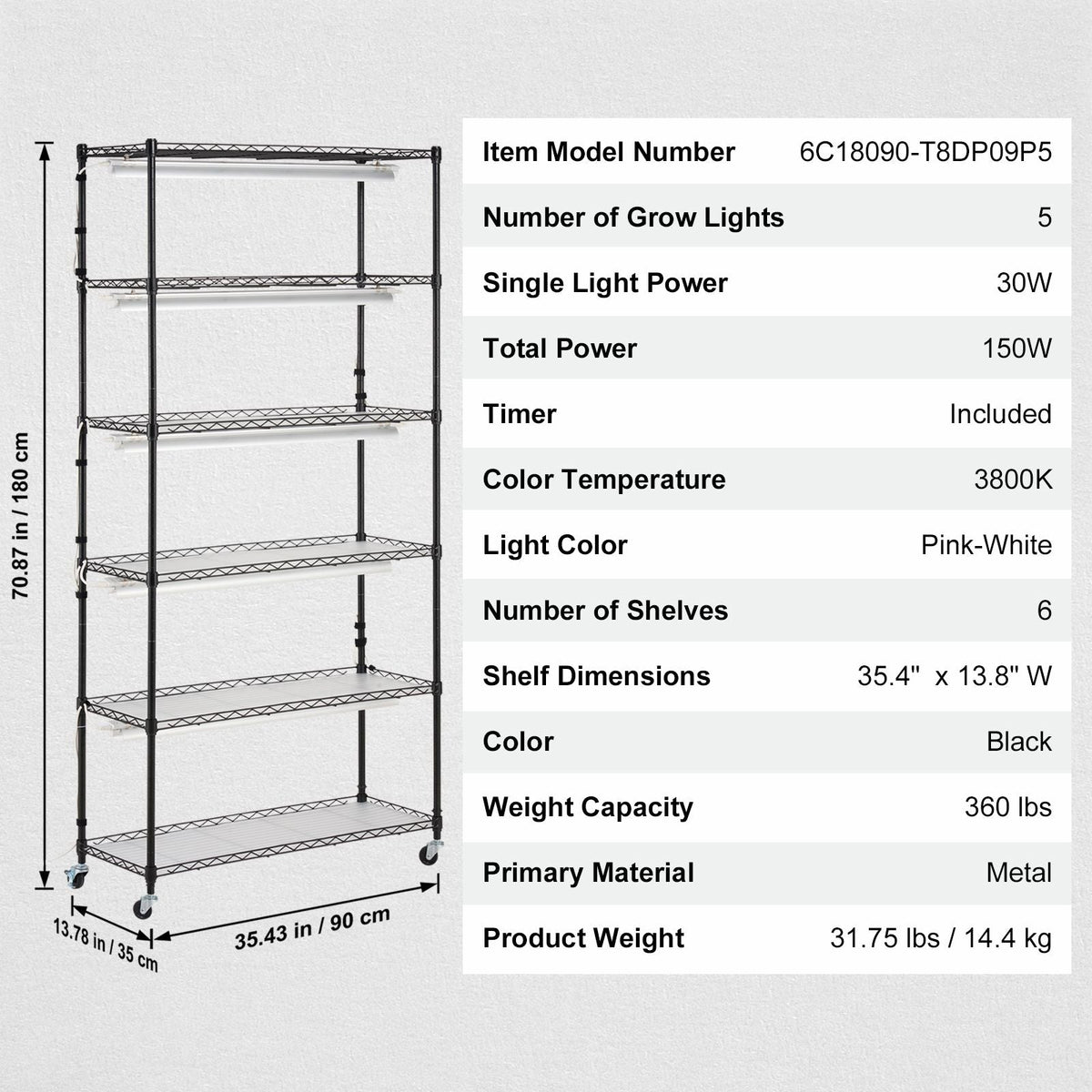 Plant Stand with Grow Light, 6-Tier Large Tall Plant Shelf with 150W Full Spectrum Grow Light, Indoor LED Plant Light with Timer and Wheel for Seed Starting 35.4" L x 13.8" W x 70.9" H