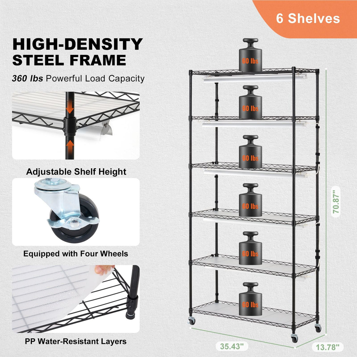 Plant Stand with Grow Light, 6-Tier Large Tall Plant Shelf with 150W Full Spectrum Grow Light, Indoor LED Plant Light with Timer and Wheel for Seed Starting 35.4" L x 13.8" W x 70.9" H