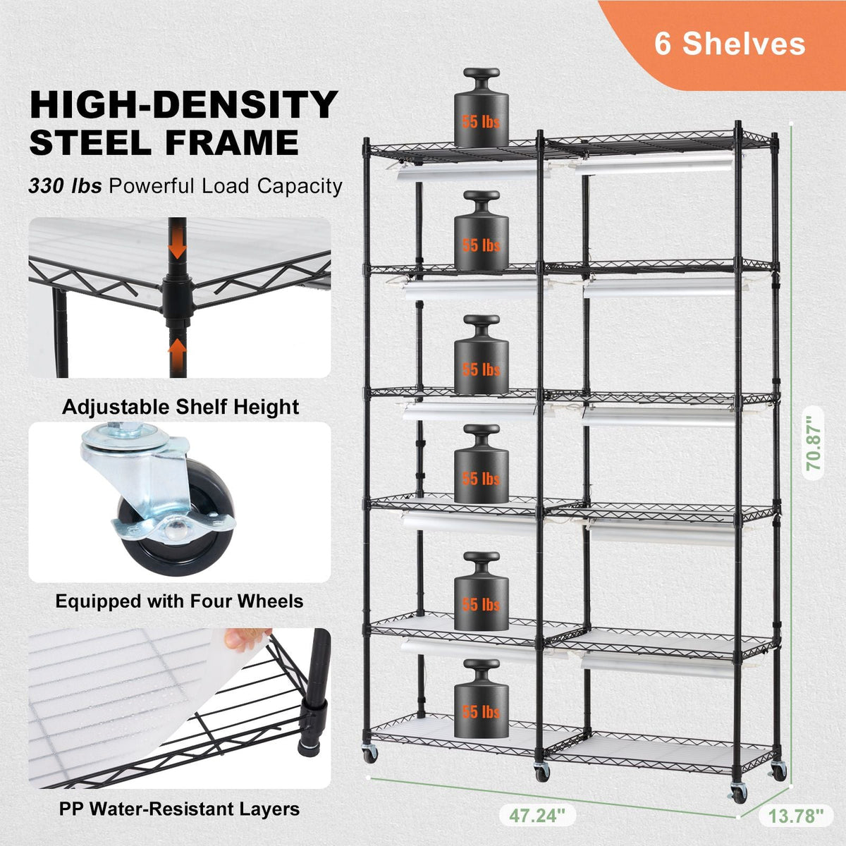 Plant Stand with Grow Light, 6-Tier Large Tall Plant Shelf with 3000K 200W Full Spectrum Grow Light, Indoor Grow Light Shelf with Timer and Wheel for Seed Starting 47.2" L x 13.8" W x 70.8" H