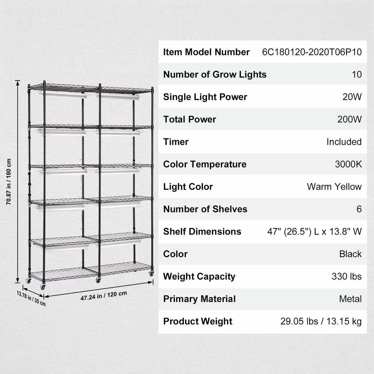 Plant Stand with Grow Light, 6-Tier Large Tall Plant Shelf with 3000K 200W Full Spectrum Grow Light, Indoor Grow Light Shelf with Timer and Wheel for Seed Starting 47.2" L x 13.8" W x 70.8" H