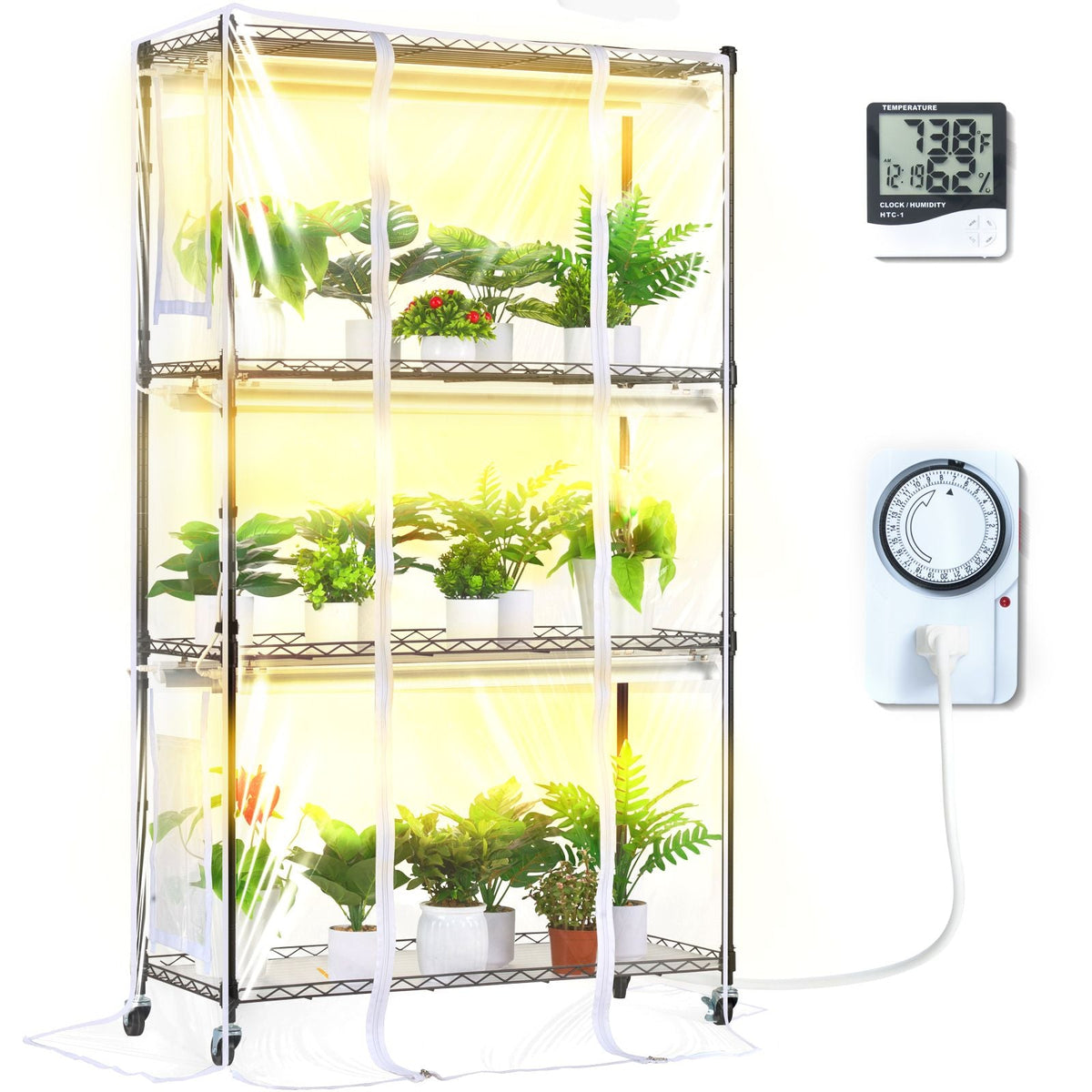 Plant Stand with Grow Light, Grow Light Shelf with Cover and Thermometer, 4 Tiers 180W Plant Shelf with Grow Light, Full Spectrum Light Mini Greenhouse Plant Stand with Timer for Seed Starting