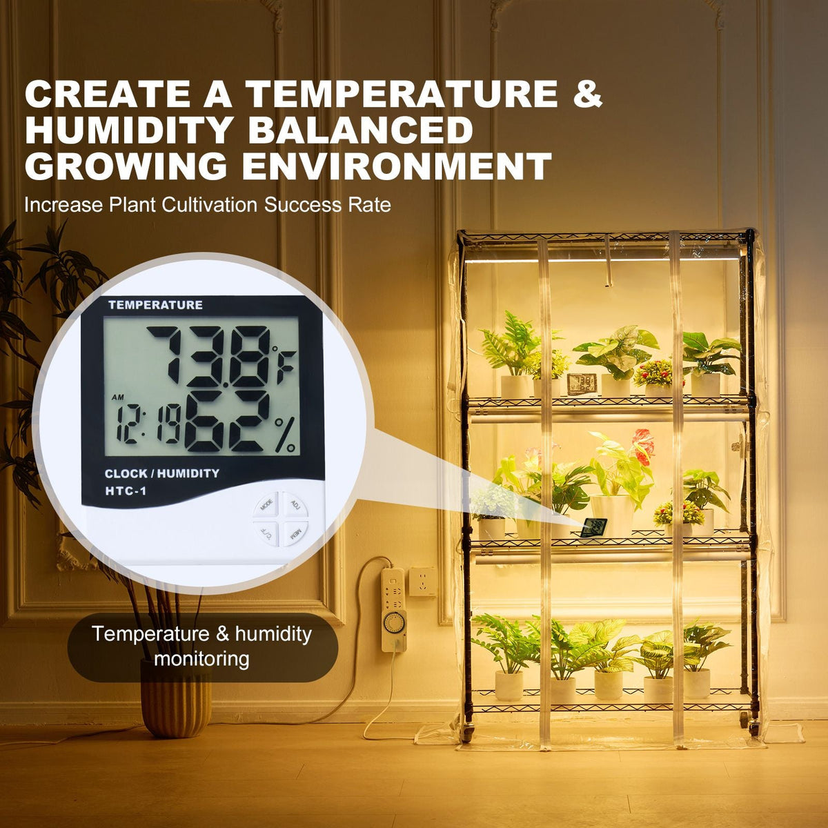 Plant Stand with Grow Light, Grow Light Shelf with Cover and Thermometer, 4 Tiers 180W Plant Shelf with Grow Light, Full Spectrum Light Mini Greenhouse Plant Stand with Timer for Seed Starting