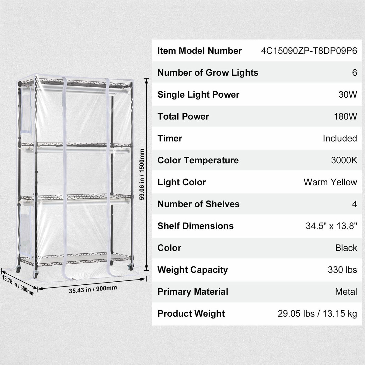 Plant Stand with Grow Light, Grow Light Shelf with Cover and Thermometer, 4 Tiers 180W Plant Shelf with Grow Light, Full Spectrum Light Mini Greenhouse Plant Stand with Timer for Seed Starting