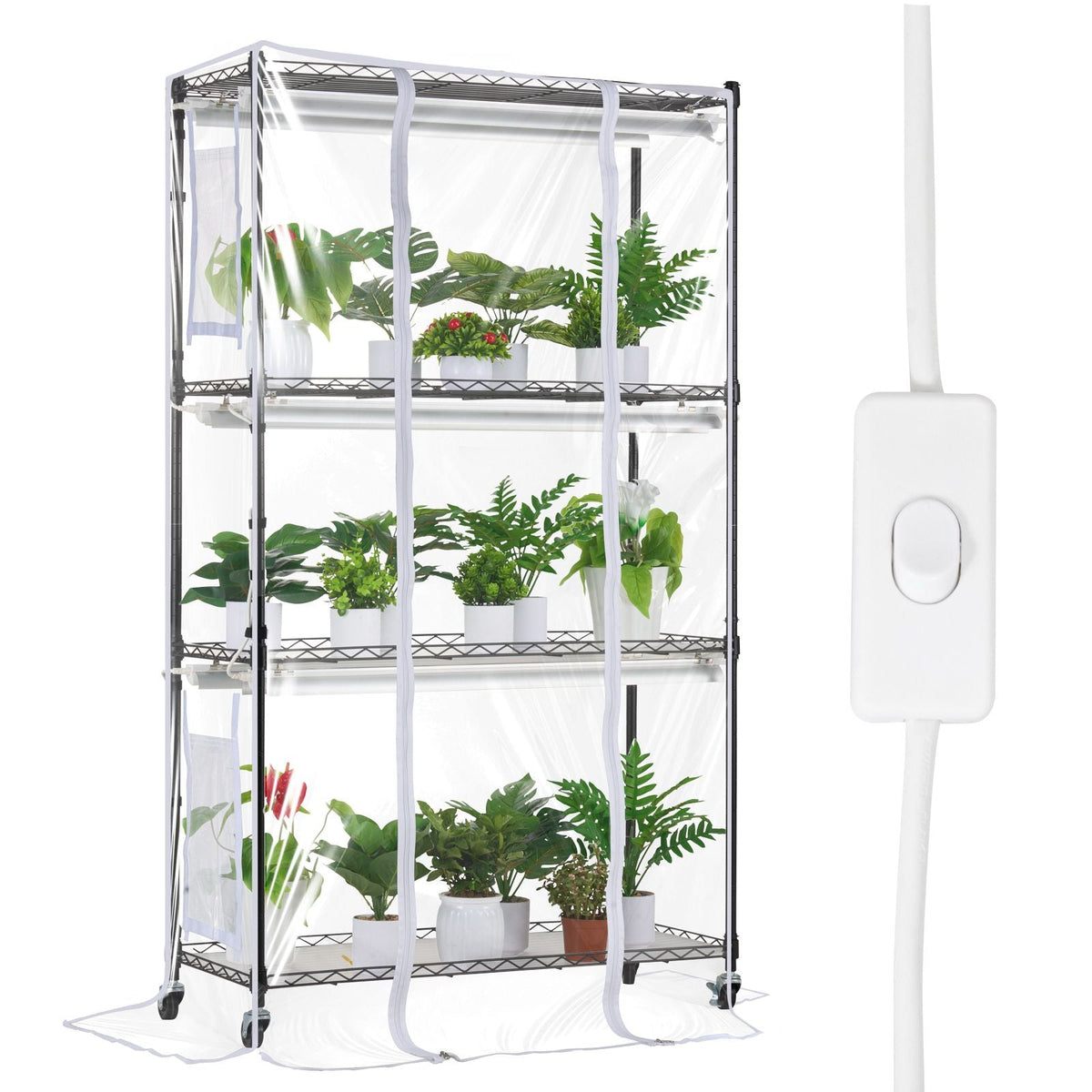 Plant Stand with Grow Light, Grow Light Shelf with Cover and Thermometer, 4 Tiers 180W Plant Shelf with Grow Light, Full Spectrum Light Mini Greenhouse Plant Stand with Timer for Seed Starting
