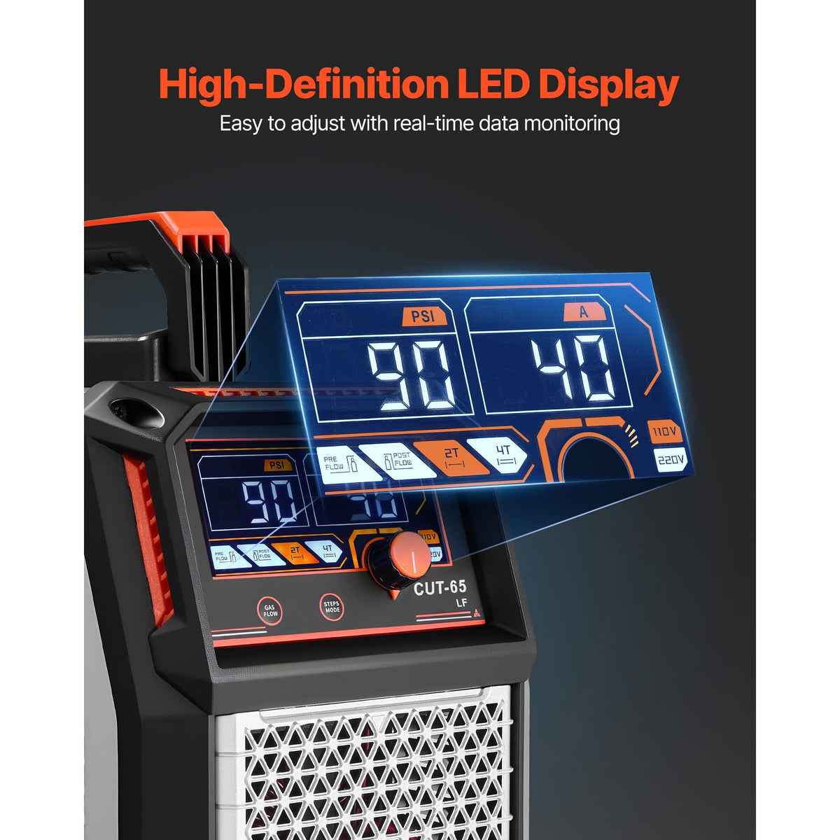 Plasma Cutter, 65A Non-Touch Pilot Arc Plasma Cutting Machine Non-High Frequency - with 2T/4T Function & Adjustable PT Time, 110V/220V Dual Voltage Digital Display IGBT Inverter