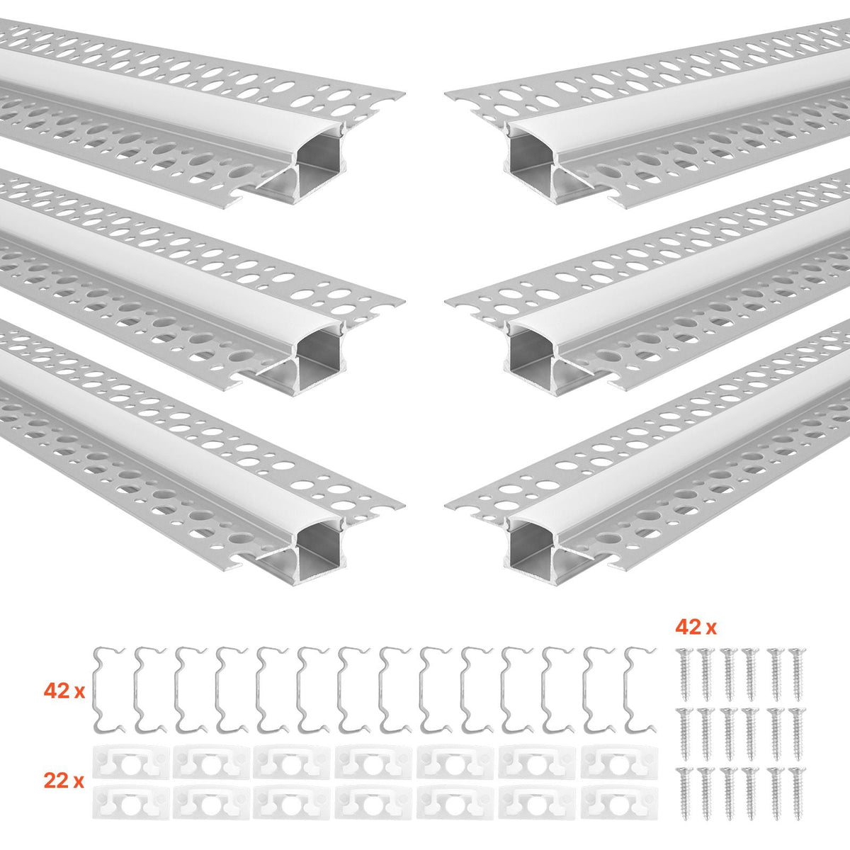 Plaster-in LED Aluminum Channel, 10-Pack 6.6 ft/2M, Trimless Recessed Drywall LED Strip Diffuser Channel, with Milky Cover, End Caps and Mounting Clips, Aluminum Profile, for Wall and Ceiling