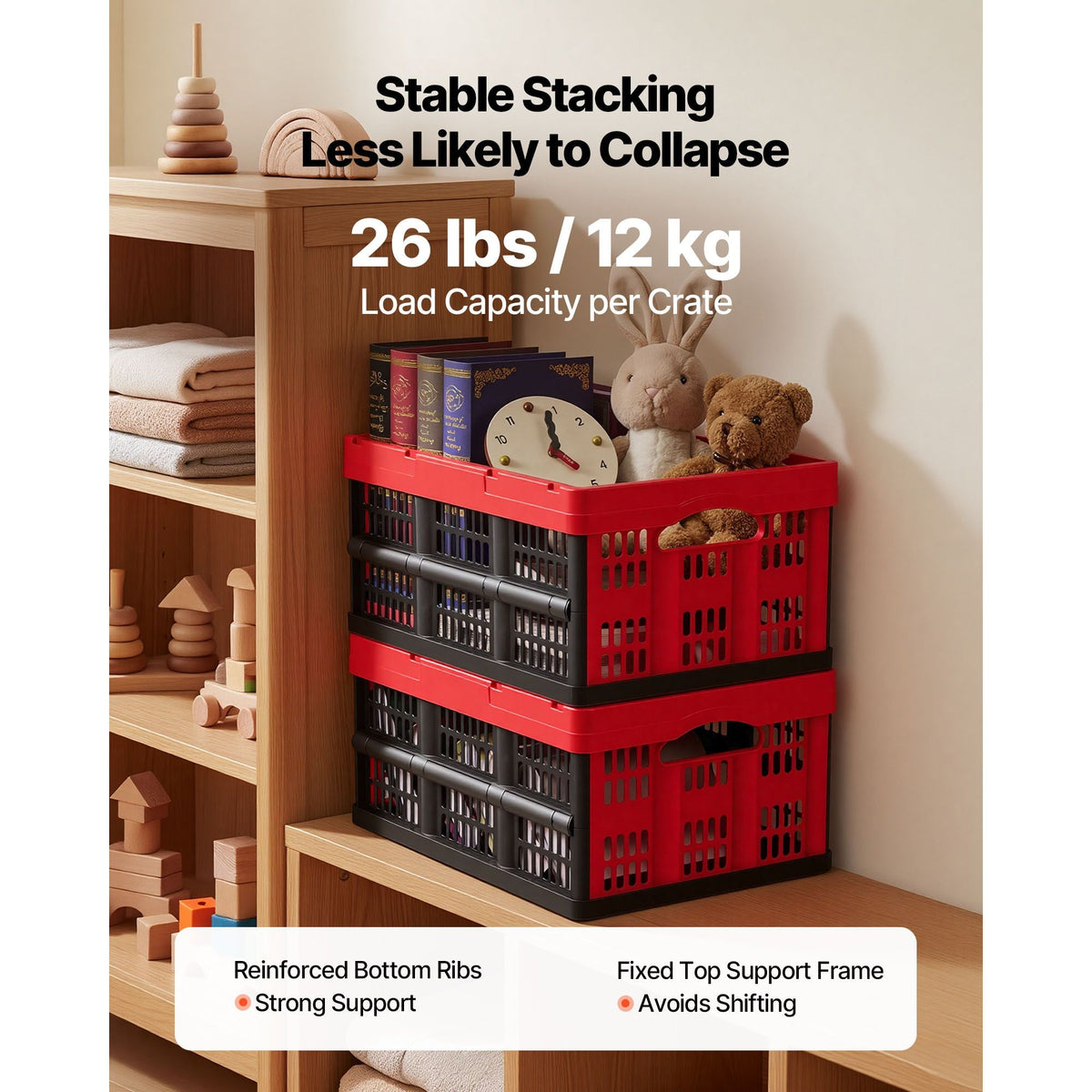 Plastic Collapsible Storage Bins, 32L 3 Packs, Stackable Folding Storage Crates with Handles, Holds 26 lbs Per Bin, Foldable Heavy Duty Containers, Space-Saving Baskets, for Home Organizing