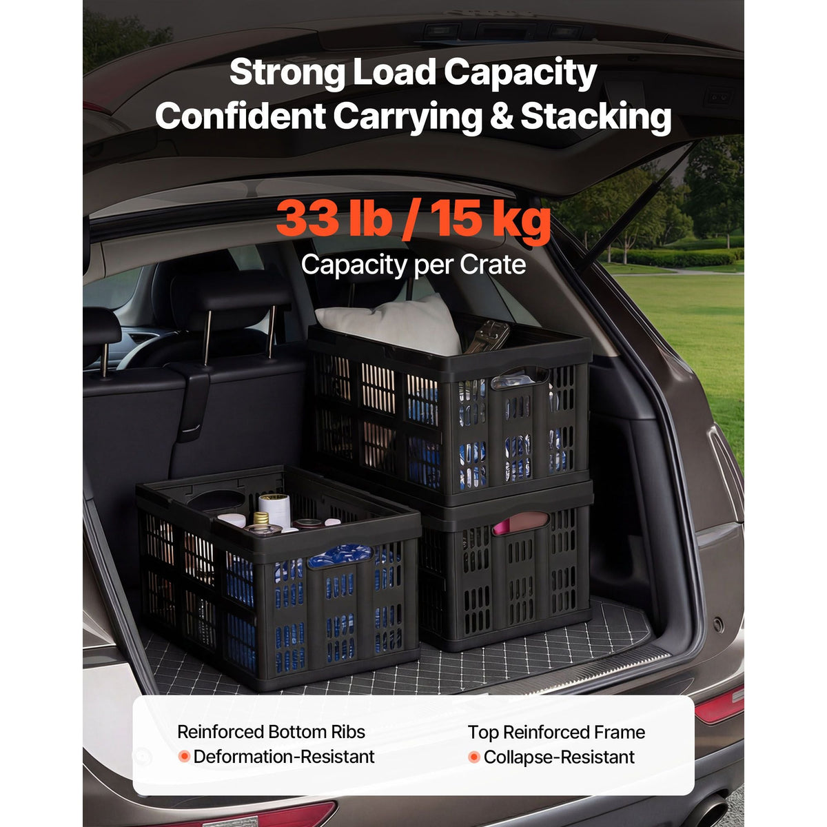 Plastic Collapsible Storage Bins, 45L 3 Packs, Stackable Folding Storage Crates with Handles, Holds 33 lbs Per Bin, Foldable Heavy Duty Containers, Space-Saving Baskets, for Home Organizing
