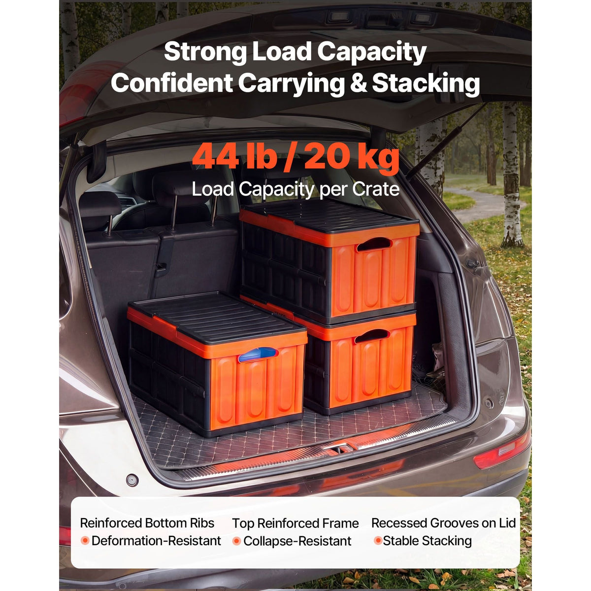 Plastic Collapsible Storage Bins with Lids, 45L 3Packs, Stackable Folding Storage Crates with Handles, Holds 44 lbs Per Bin, Heavy Duty Containers, Space-Saving Baskets, for Home Organizing