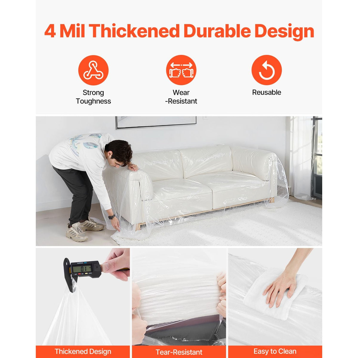 Plastic Couch Cover, 4 Mil Thickened Sofa Cover for Moving, Heavy-Duty Clear Couch Cover with Wide Opening Design, Wear-Resistant & Waterproof Plastic Shield Covers for Couch, 92 x 62 x 42 inch