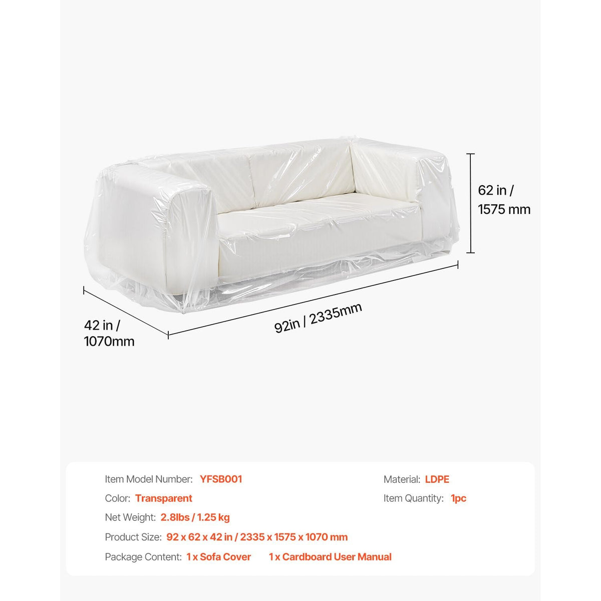 Plastic Couch Cover, 4 Mil Thickened Sofa Cover for Moving, Heavy-Duty Clear Couch Cover with Wide Opening Design, Wear-Resistant & Waterproof Plastic Shield Covers for Couch, 92 x 62 x 42 inch
