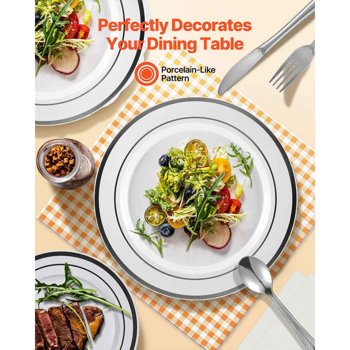 Plastic Disposable Plates, 350 Pcs Plastic Dinnerware Set, Include 50 Dinner Plates, 50 Dessert Plates, 50 Pre-Rolled Napkins, 50 Forks, 50 Knives, 50 Spoons, and 50 Cups, for Party and Wedding
