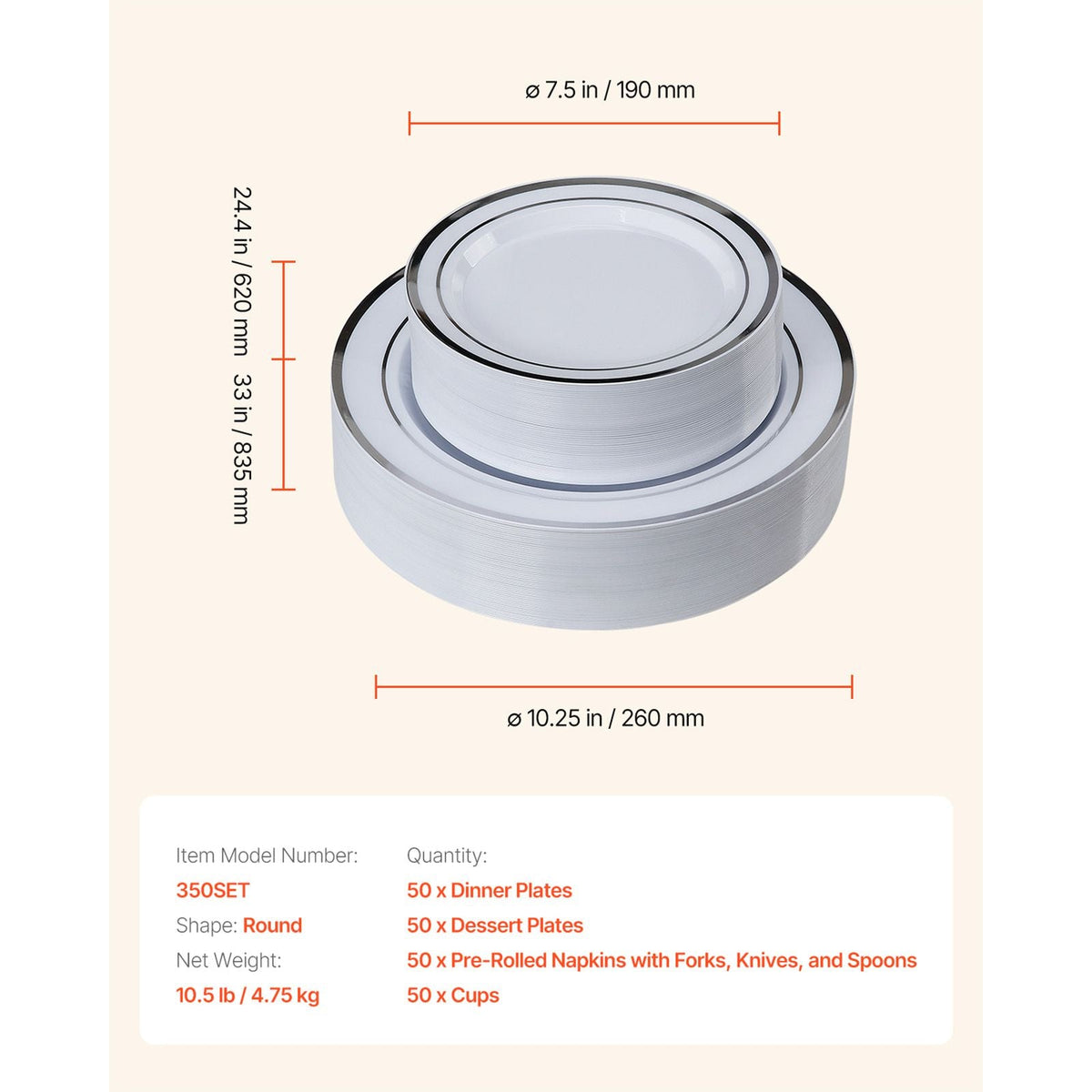 Plastic Disposable Plates, 350 Pcs Plastic Dinnerware Set, Include 50 Dinner Plates, 50 Dessert Plates, 50 Pre-Rolled Napkins, 50 Forks, 50 Knives, 50 Spoons, and 50 Cups, for Party and Wedding