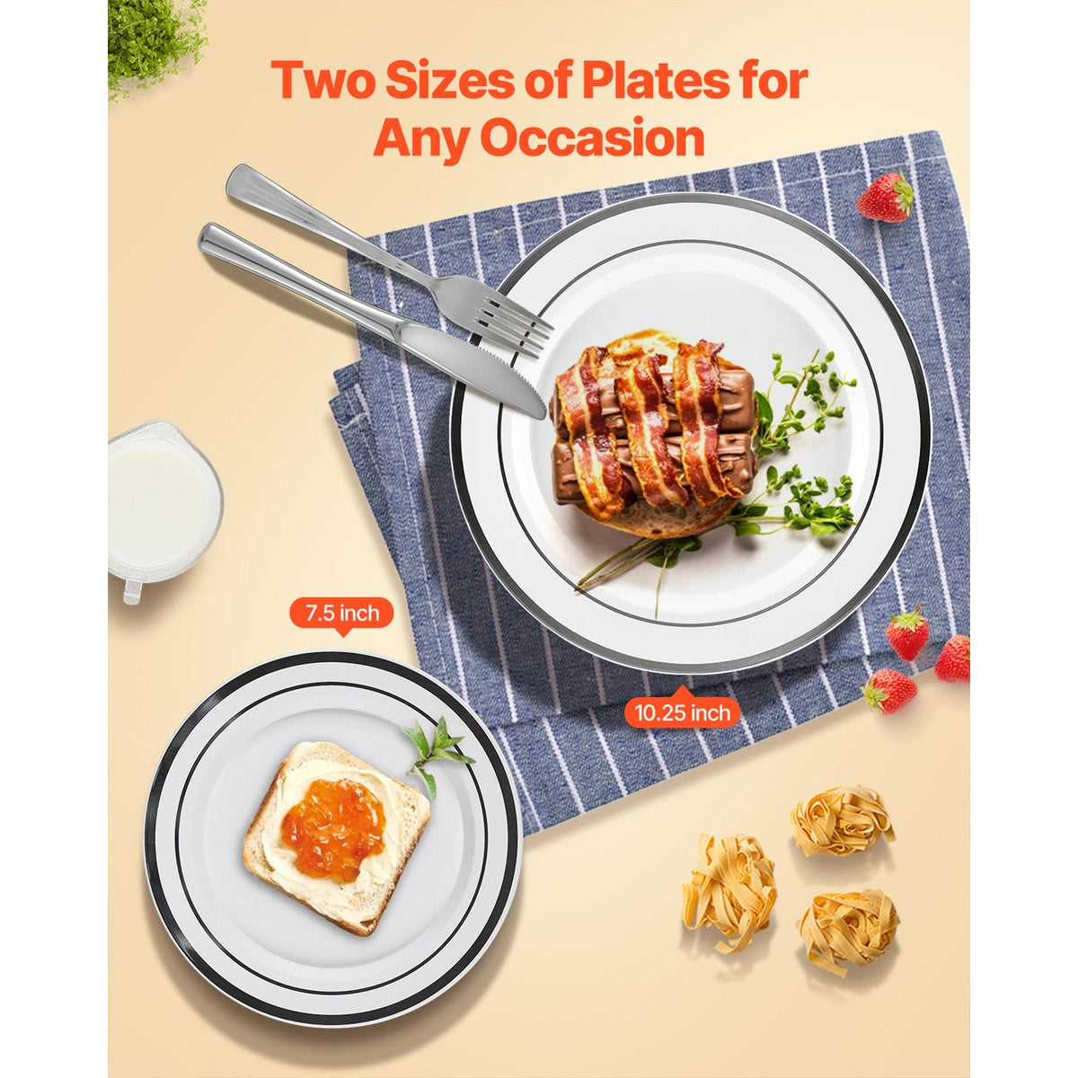 Plastic Disposable Plates, 350 Pcs Plastic Dinnerware Set, Include 50 Dinner Plates, 50 Dessert Plates, 50 Pre-Rolled Napkins, 50 Forks, 50 Knives, 50 Spoons, and 50 Cups, for Party and Wedding