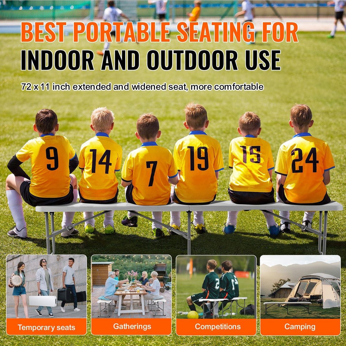 Plastic Folding Bench, 6 ft Portable Bench for Indoor/Outdoor Picnic Party Patio Camping Dining, Foldable Smooth HDPE Seat for Garden Soccer Multipurpose Entertaining Activities, 1 Pack, White