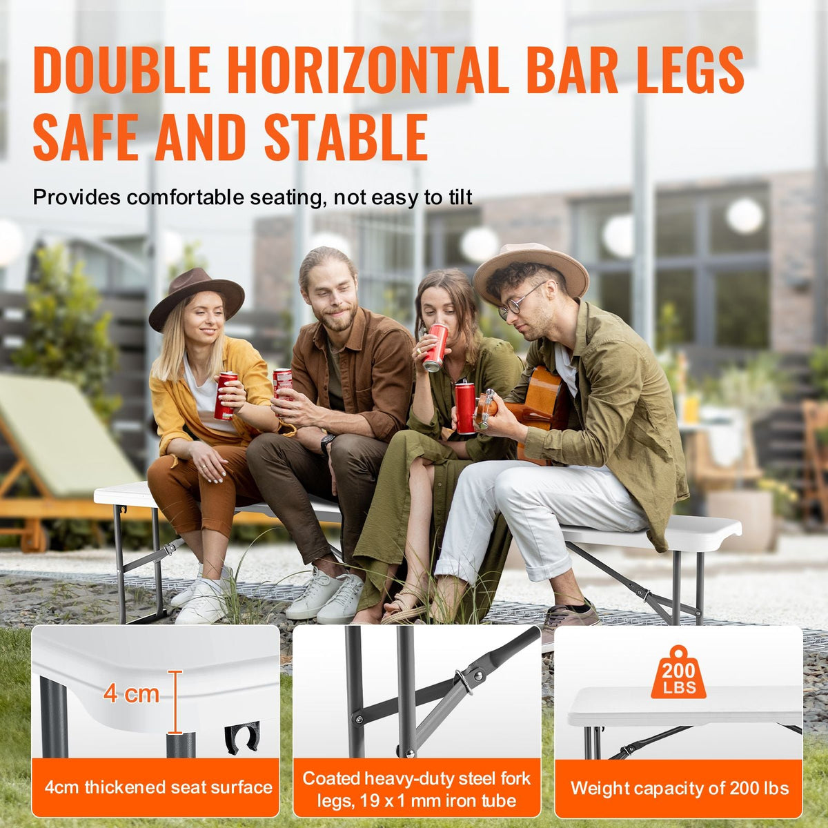 Plastic Folding Bench, 6 ft Portable Bench for Indoor/Outdoor Picnic Party Patio Camping Dining, Foldable Smooth HDPE Seat for Garden Soccer Multipurpose Entertaining Activities, 1 Pack, White