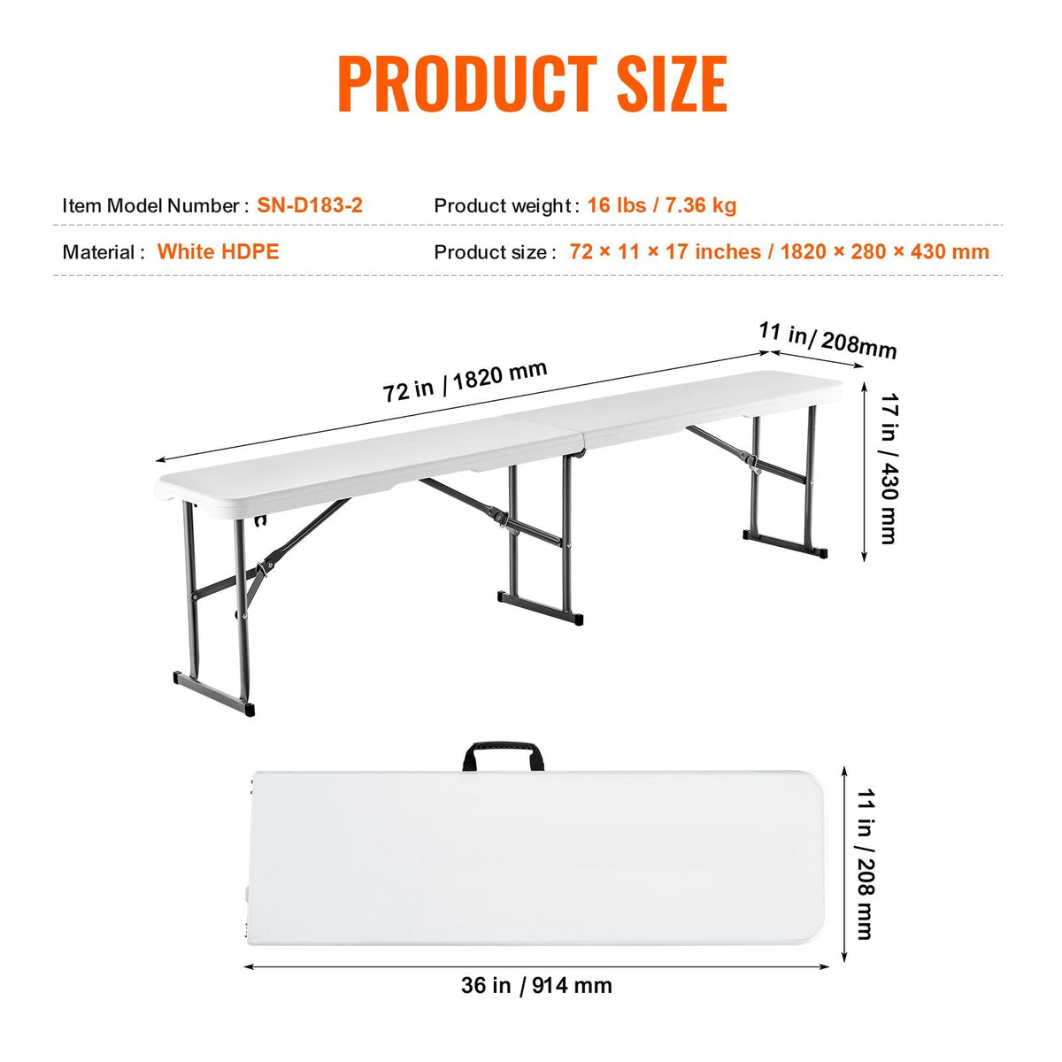 Plastic Folding Bench, 6 ft Portable Bench for Indoor/Outdoor Picnic Party Patio Camping Dining, Foldable Smooth HDPE Seat for Garden Soccer Multipurpose Entertaining Activities, 1 Pack, White
