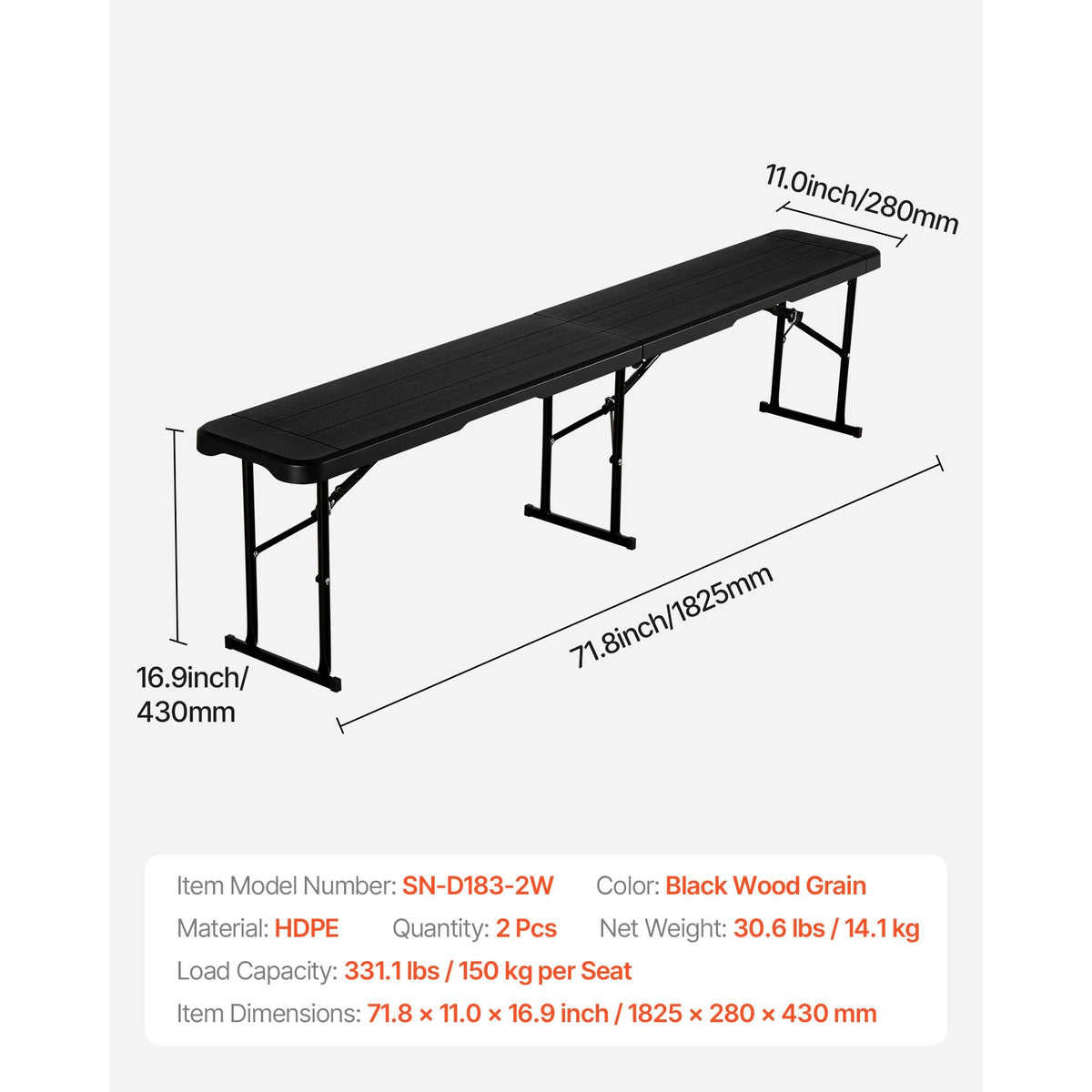 Plastic Folding Bench, 6 ft Portable Bench for Outdoor Picnic Party Camping Dining, Foldable Smooth HDPE Seat for Garden Soccer Multipurpose Entertaining Activities, 2 Pack, 2 Carry Bags, Black