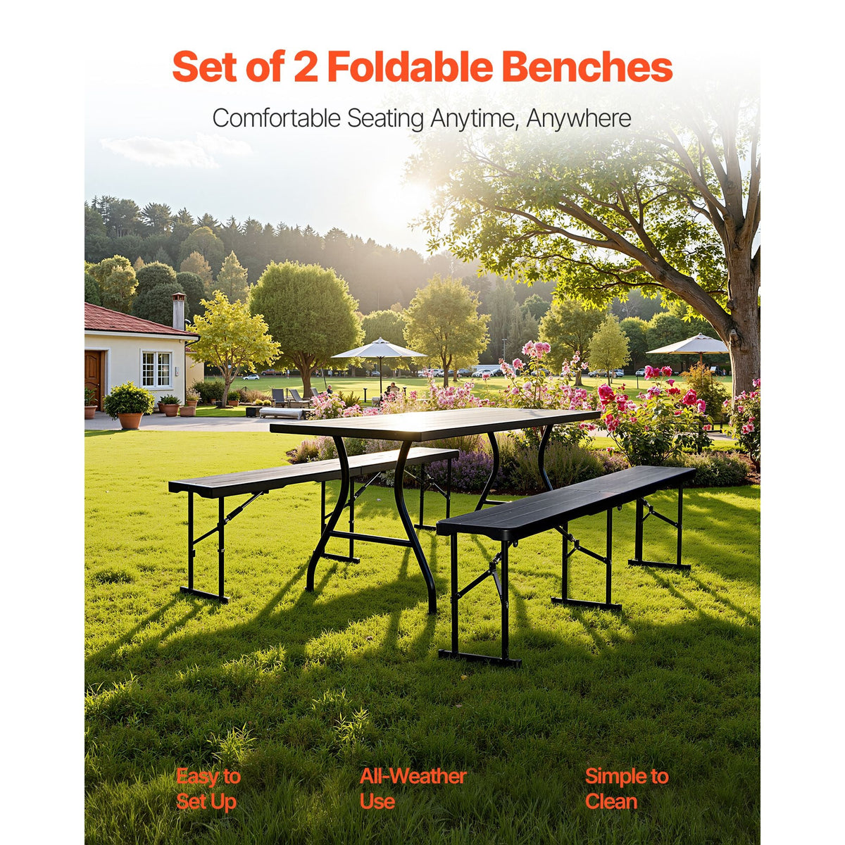 Plastic Folding Bench, 6 ft Portable Bench for Outdoor Picnic Party Camping Dining, Foldable Smooth HDPE Seat for Garden Soccer Multipurpose Entertaining Activities, 2 Pack, 2 Carry Bags, Black