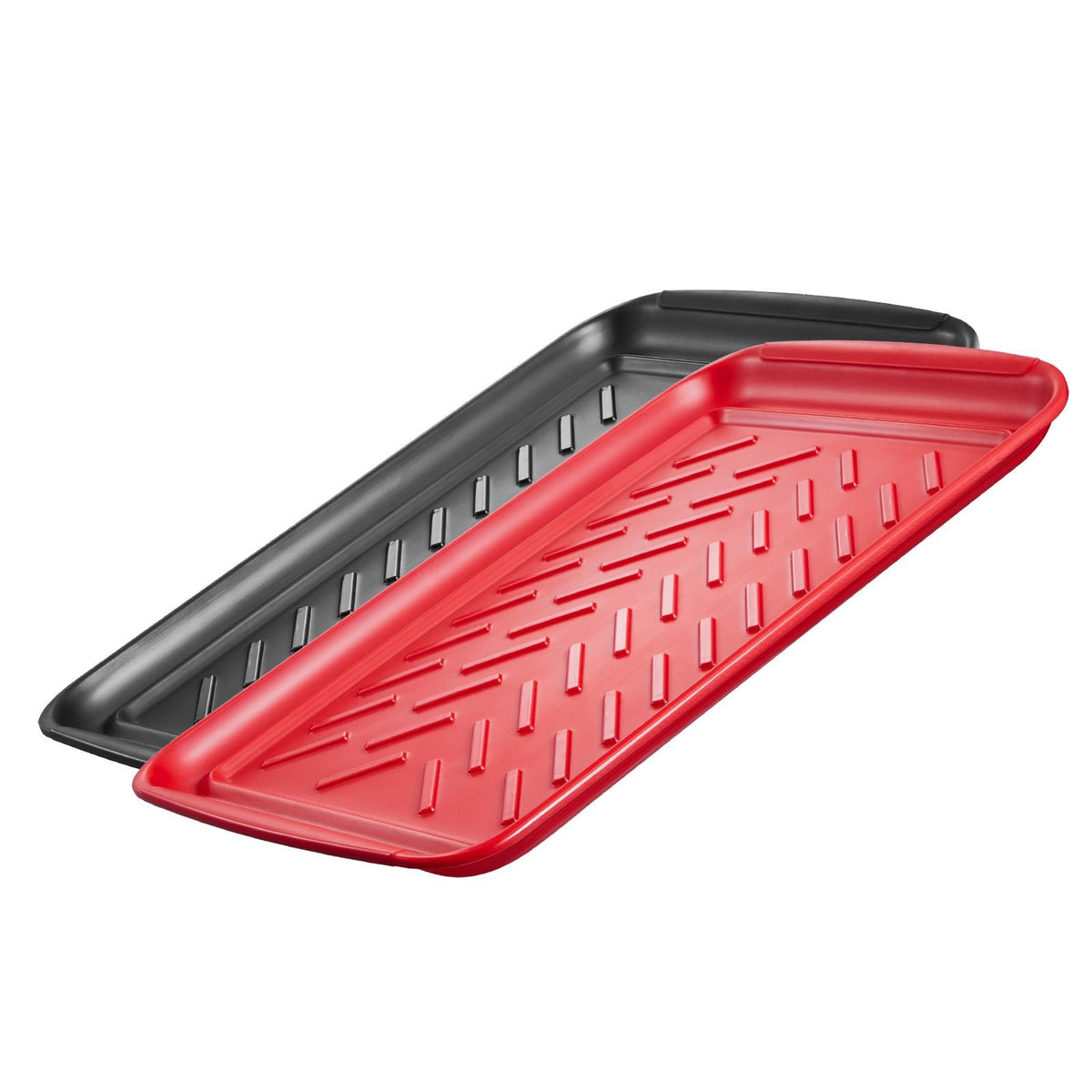 Plastic Serving Trays, 2-Pack Grilling Prep and Serve Trays with Handles , 17x10.35 Inch Anti-Slip Melamine Food Tray, Ideal for BBQ, Kitchen, Cafeteria, Ottoman, Coffee Table, Black and Red