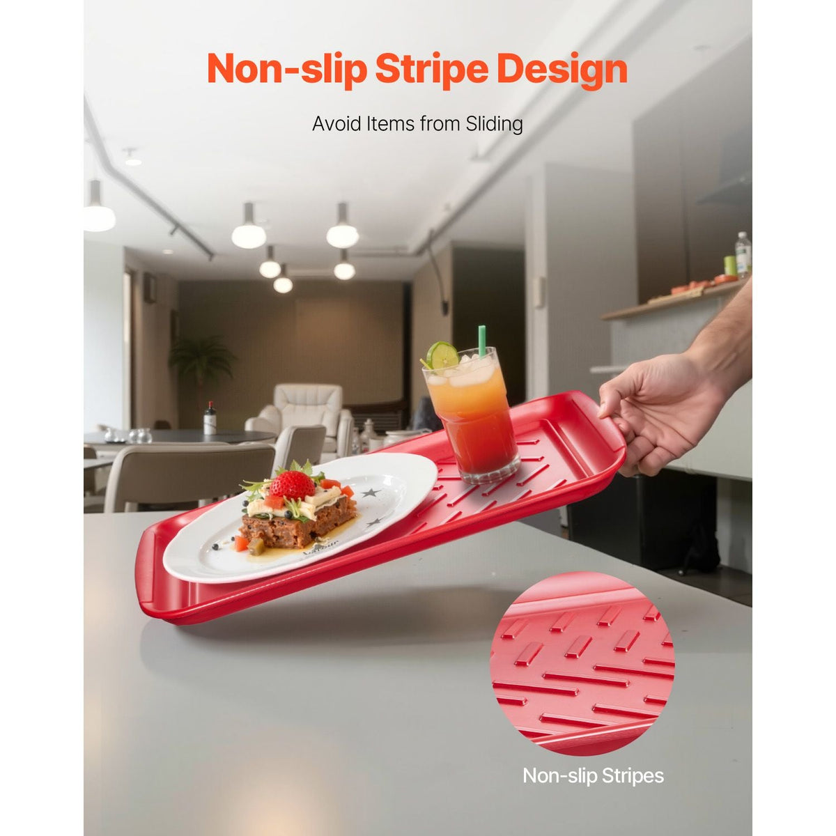 Plastic Serving Trays, 2-Pack Grilling Prep and Serve Trays with Handles , 17x10.35 Inch Anti-Slip Melamine Food Tray, Ideal for BBQ, Kitchen, Cafeteria, Ottoman, Coffee Table, Black and Red
