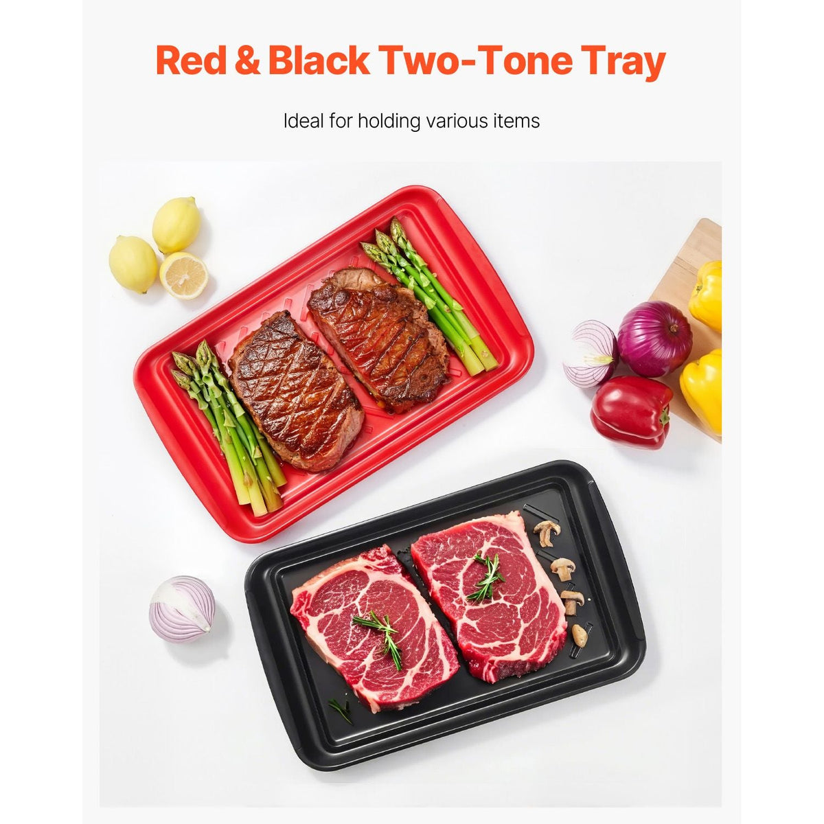 Plastic Serving Trays, 2-Pack Grilling Prep and Serve Trays with Handles , 17x10.35 Inch Anti-Slip Melamine Food Tray, Ideal for BBQ, Kitchen, Cafeteria, Ottoman, Coffee Table, Black and Red