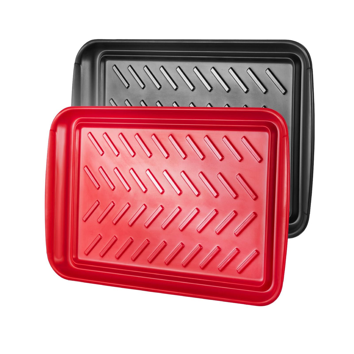 Plastic Serving Trays, 2-Pack Grilling Prep and Serve Trays with Handles , 17x10.35 Inch Anti-Slip Melamine Food Tray, Ideal for BBQ, Kitchen, Cafeteria, Ottoman, Coffee Table, Black and Red