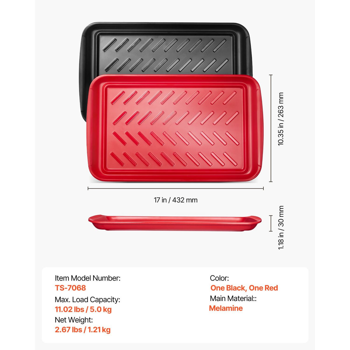 Plastic Serving Trays, 2-Pack Grilling Prep and Serve Trays with Handles , 17x10.35 Inch Anti-Slip Melamine Food Tray, Ideal for BBQ, Kitchen, Cafeteria, Ottoman, Coffee Table, Black and Red