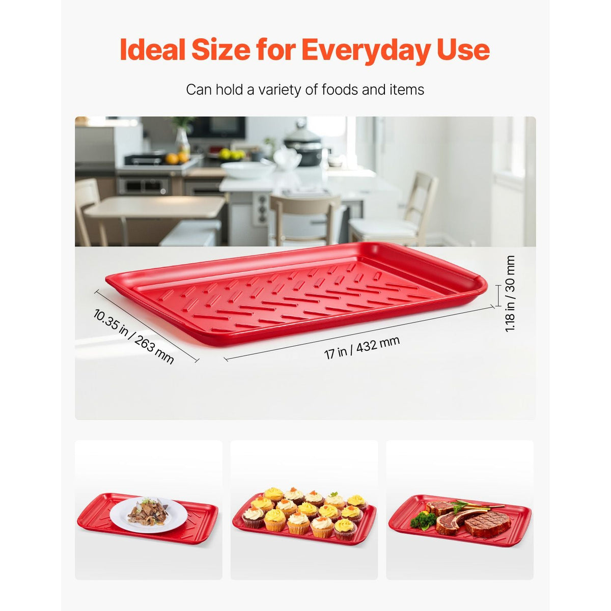 Plastic Serving Trays, 2-Pack Grilling Prep and Serve Trays with Handles , 17x10.35 Inch Anti-Slip Melamine Food Tray, Ideal for BBQ, Kitchen, Cafeteria, Ottoman, Coffee Table, Black and Red