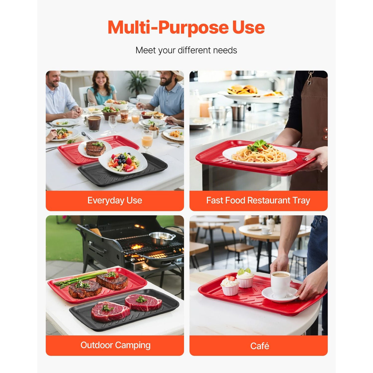 Plastic Serving Trays, 2-Pack Grilling Prep and Serve Trays with Handles , 17x10.35 Inch Anti-Slip Melamine Food Tray, Ideal for BBQ, Kitchen, Cafeteria, Ottoman, Coffee Table, Black and Red