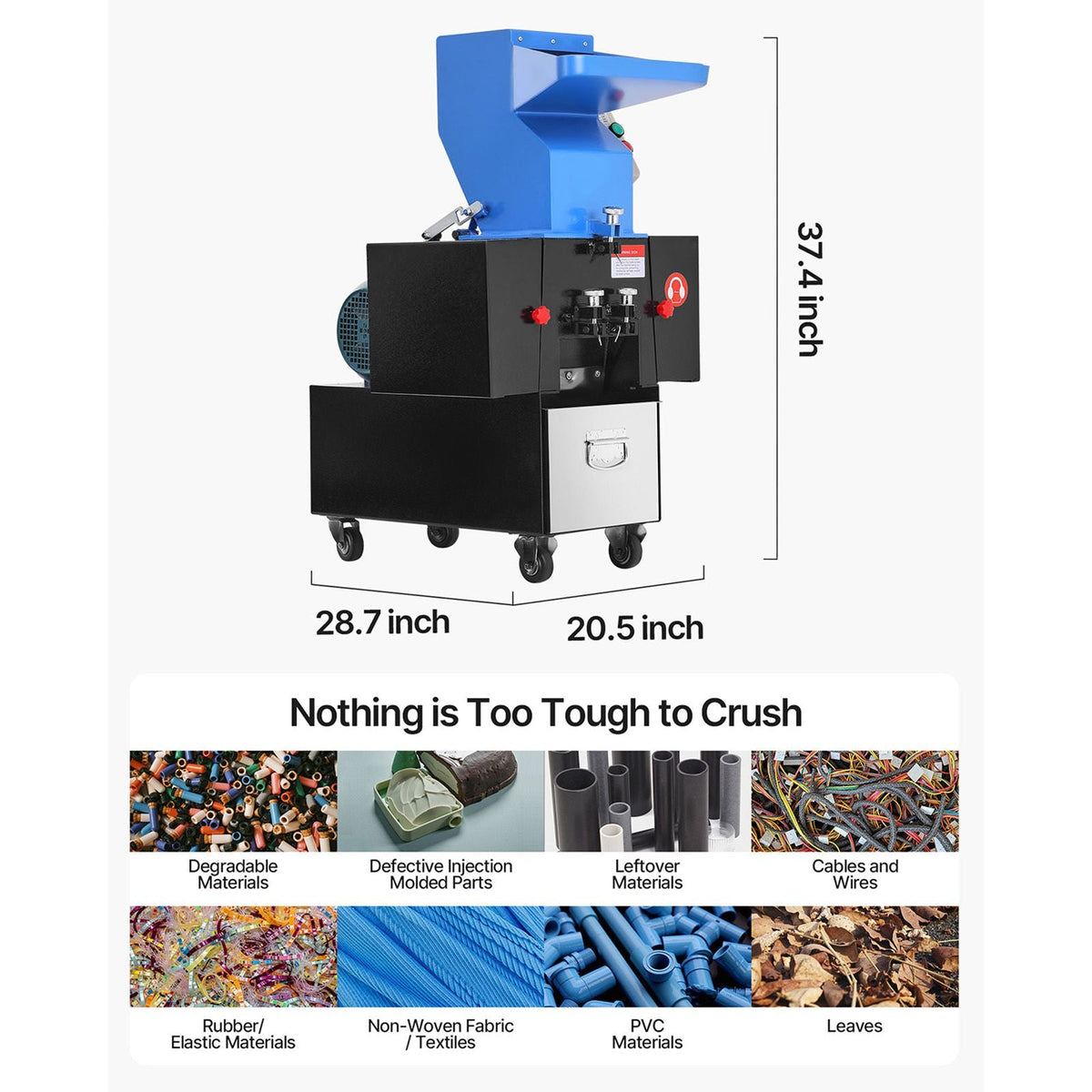 Plastic Shredder Crusher, 3HP/2.2KW Plastic Bottle Grinder Granulator, 100-150kg/h Capacity Pulverizer Recycling Machine with Wheels, SDK-11 Blade & 6mm Mesh for PVC ABS PTFE (220V 60Hz 3-Phase)