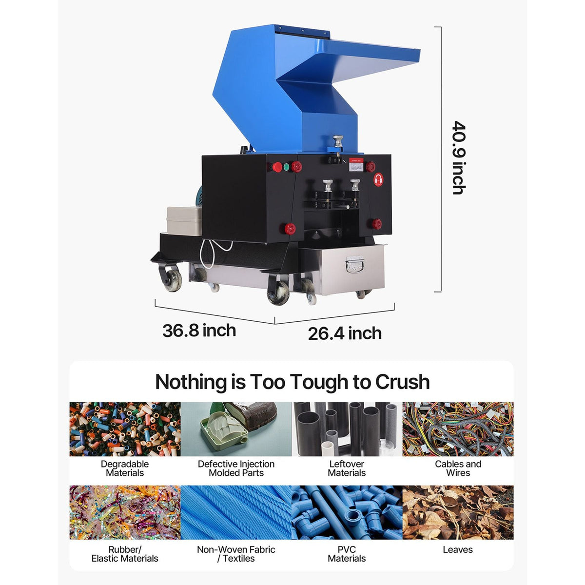 Plastic Shredder Crusher, 5.5HP/4.0KW Plastic Bottle Grinder Granulator, 150-200kg/h Capacity Pulverizer Recycling Machine with Wheels, SDK-11 Blade & 8mm Mesh for PVC PTFE (220V 60Hz 3-Phase)