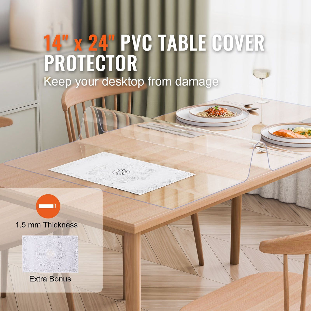 Plastic Table Cover, 14 x 24 Inch 1.5 mm Thick Clear Table Protector, Rectangle PVC Desk Mat, Waterproof & Easy Cleaning Desk Pad Tablecloth, for Office Dresser Dining Room Table Night Stand