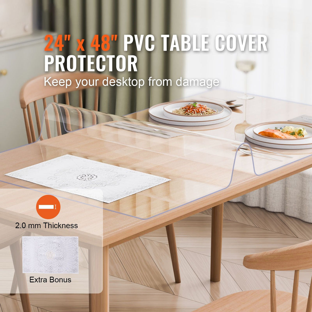 Plastic Table Cover, 24 x 48 Inch 2.0 mm Thick Clear Table Protector, Rectangle PVC Desk Mat, Waterproof & Easy Cleaning Desk Pad Tablecloth, for Office Dresser Dining Room Table Night Stand
