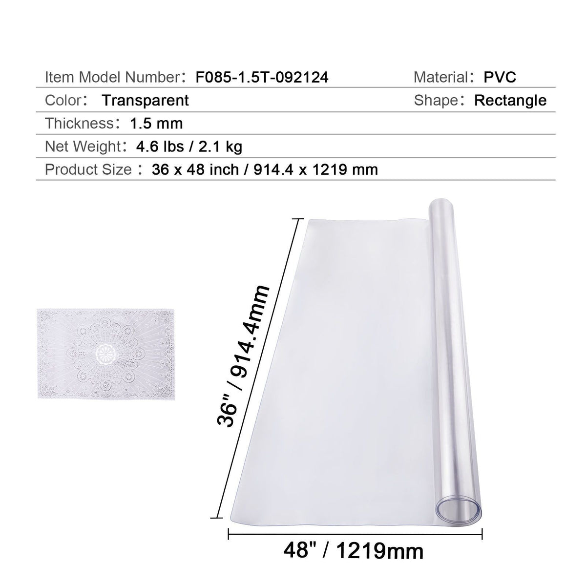 Plastic Table Cover, 36 x 48 Inch 1.5 mm Thick Clear Table Protector, Rectangle PVC Desk Mat, Waterproof & Easy Cleaning Desk Pad Tablecloth, for Office Dresser Dining Room Table Night Stand